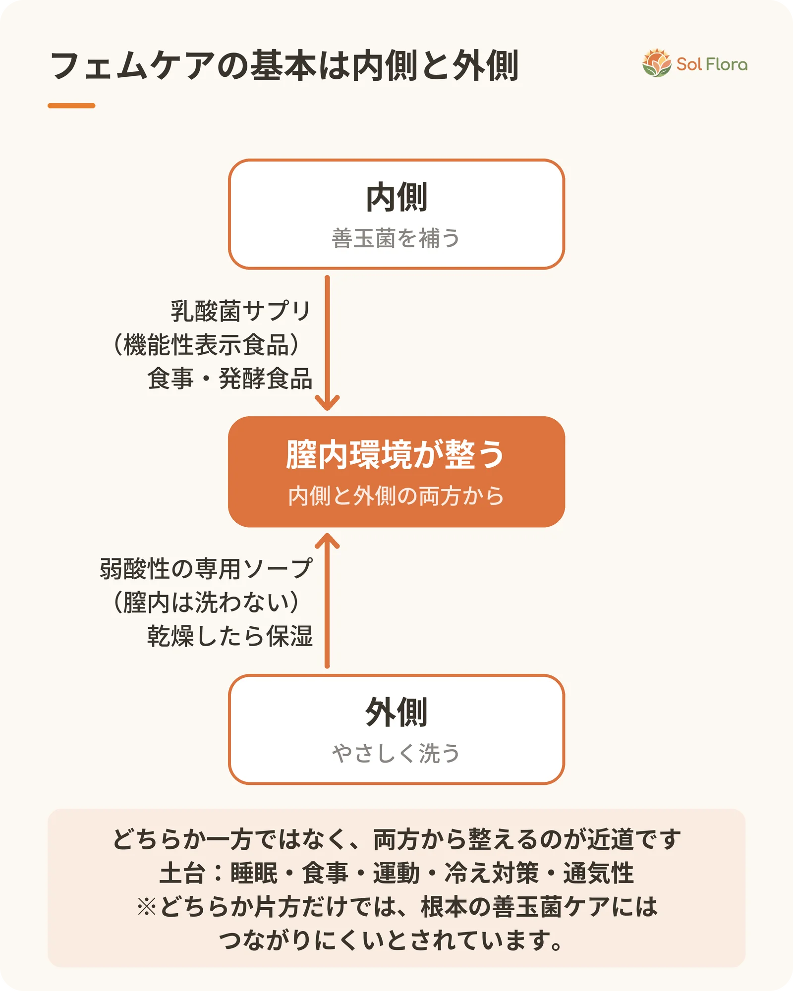 内側から善玉菌を補うケアと、外側をやさしく洗うケアの両方で膣内環境が整うことを示すしくみ図