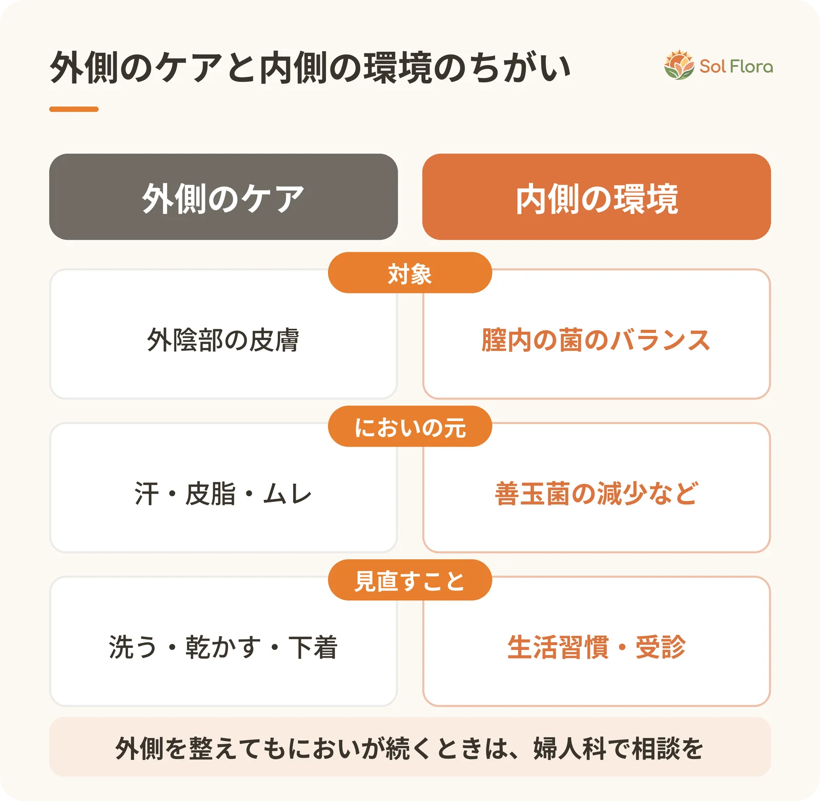 外側のケアは汗・皮脂・ムレ、内側の環境は膣内の菌のバランスが対象というちがいを比べた図